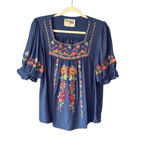 Savanna Jane Tops - Savanna Jane Blue Floral Embroidered Boho Peasant Blouse Puff Sleeve Medium
